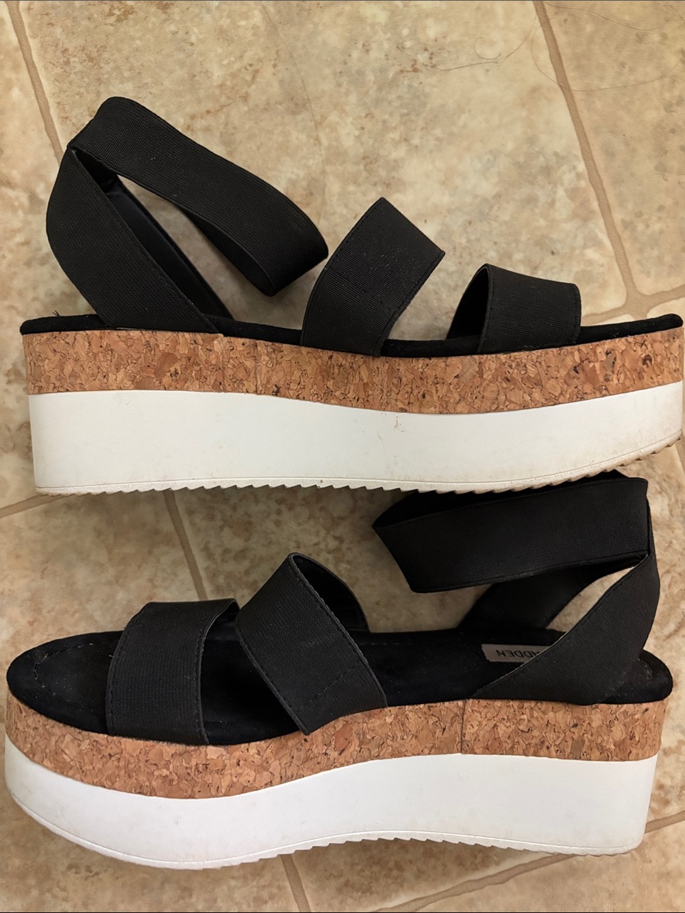 Steve Madden Black Elastic Strap Platform Sandals with Cork/White Layered Wedge